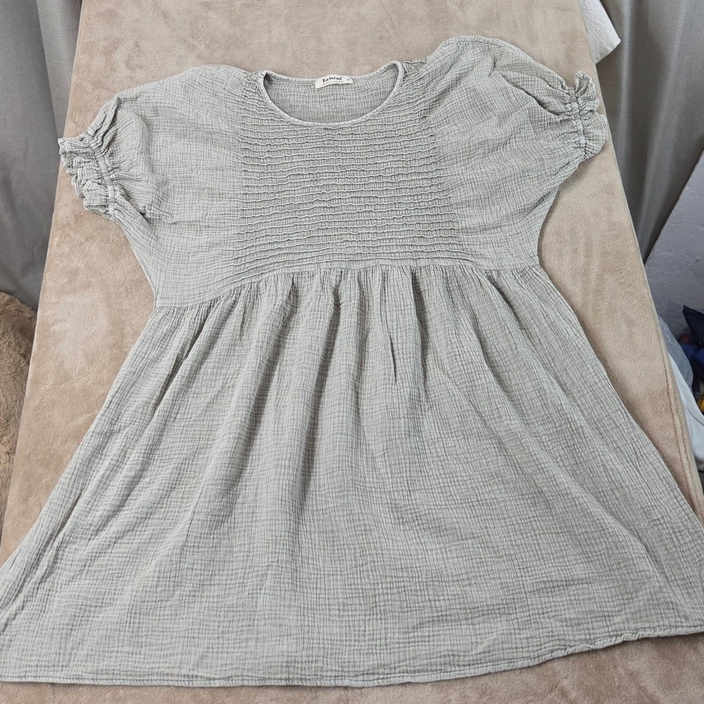 Three Bird Nest Quinn Puff Sleeve Mini Dress Gray XL Ruffled Cotton Gauze